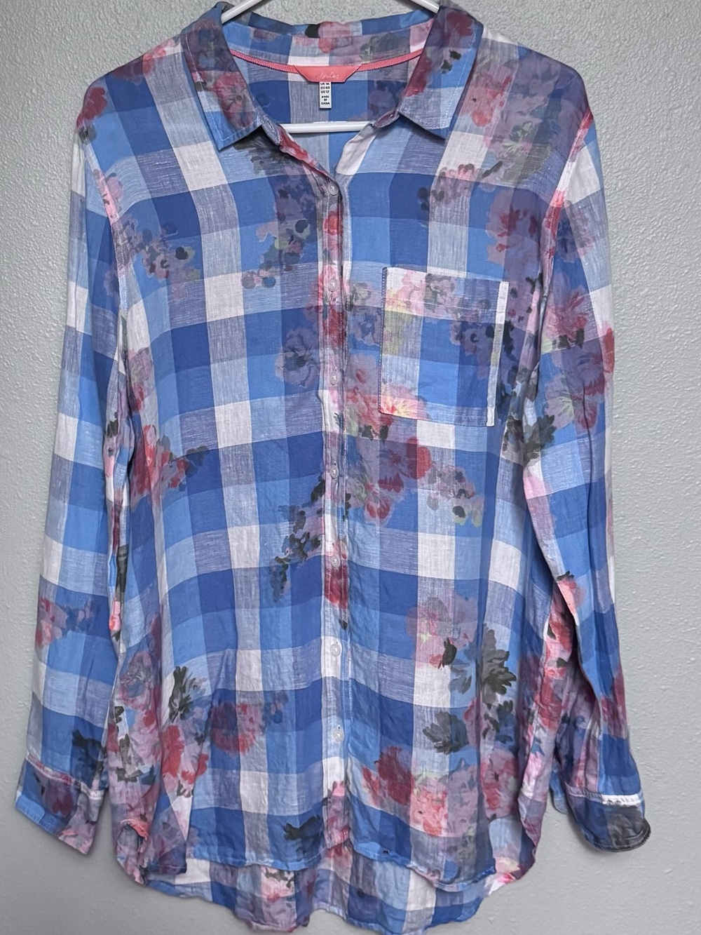 Joules Linen Blue Plaid Floral Button-Down Shirt